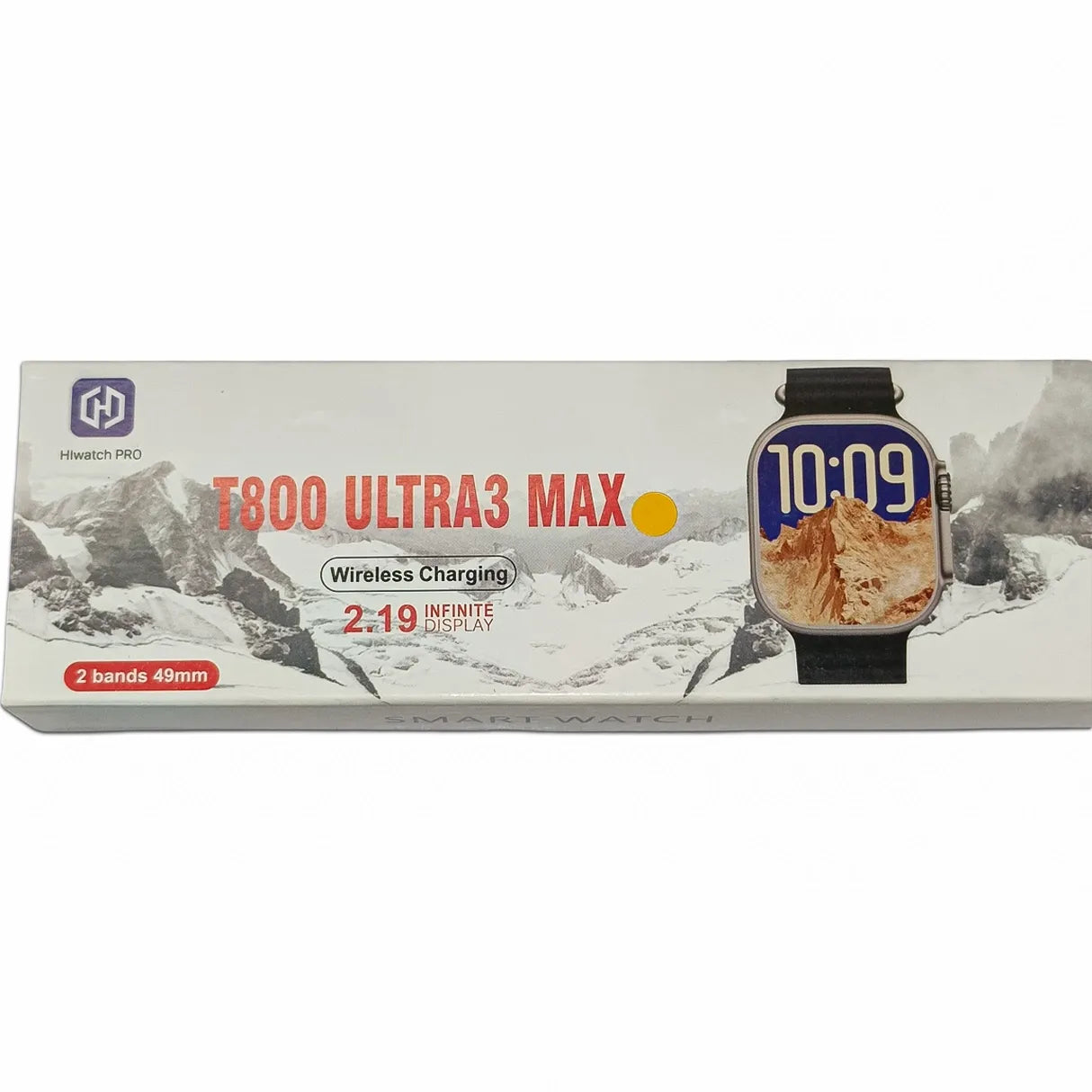 Watch box with 'T800 Ultra3 Max' branding and mountainous landscape design.