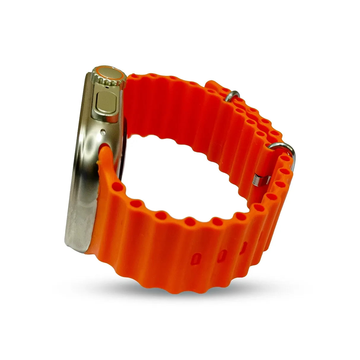 Orange t800 watch strap with metal clasp on a white background