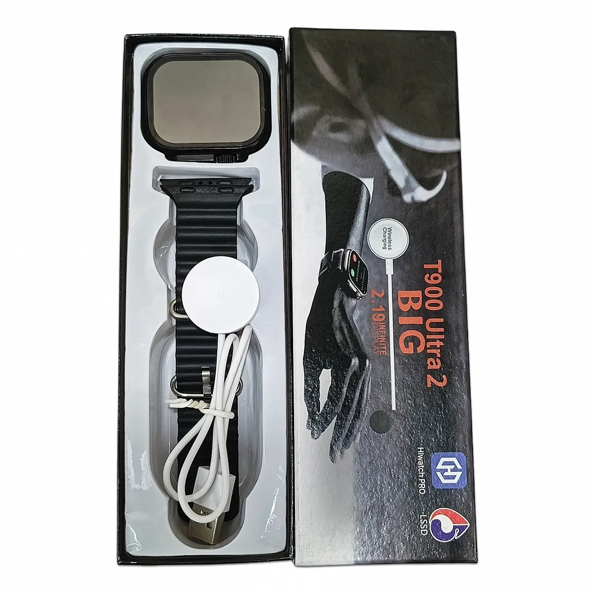 Black smartwatch with charging cable in open packaging on a white background