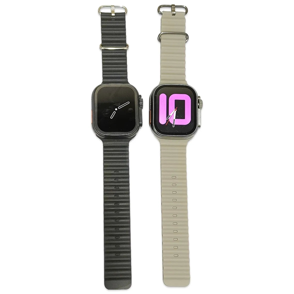Two smartwatches with different band colors on a white background