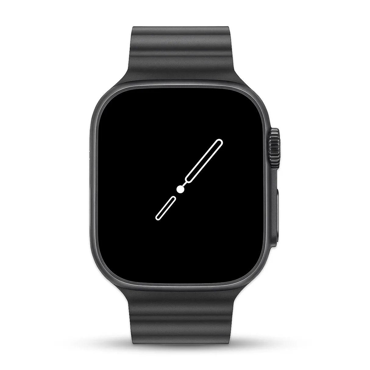 Black T900 smartwatch with a black screen displaying a white icon on a white background