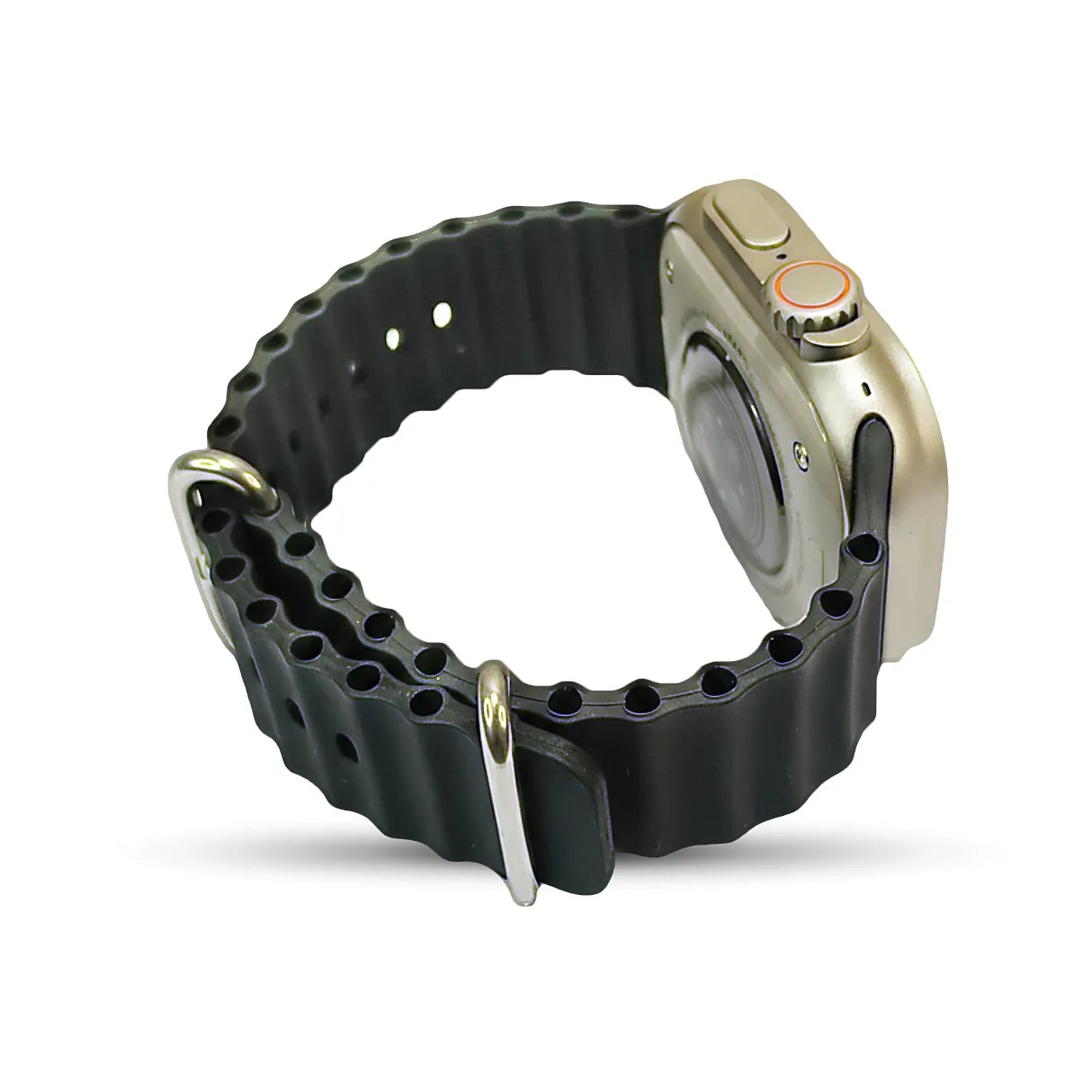 T92 Black watch strap with silver clasp on a white background