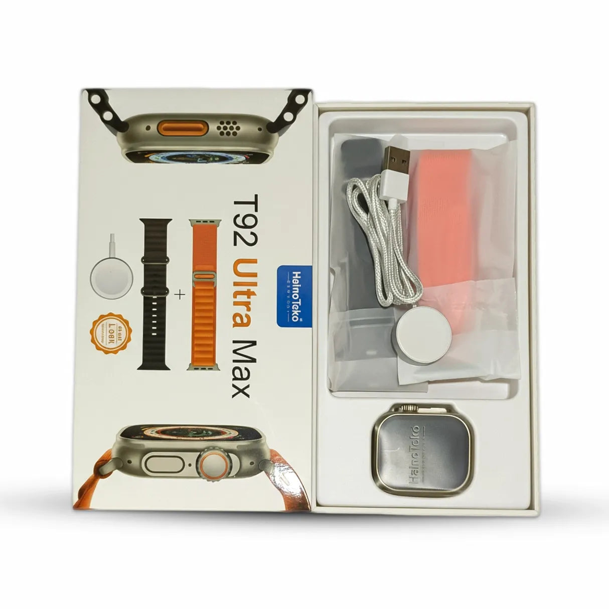 Open box containing T92 Ultra Max device and accessories on a white background