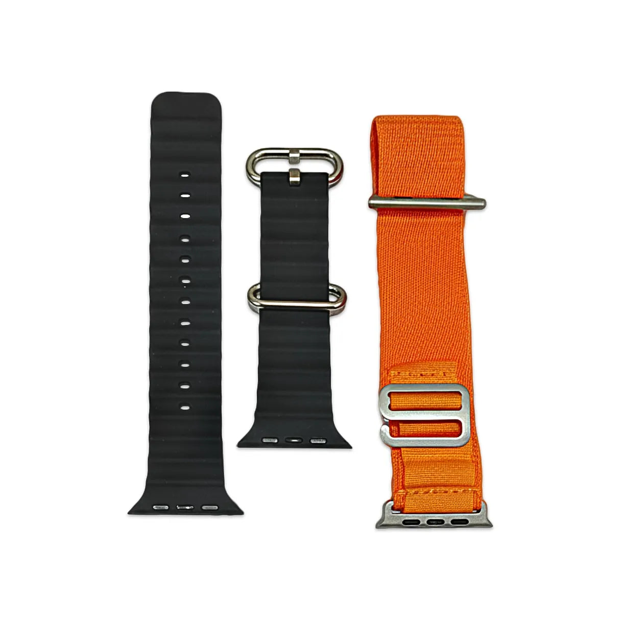 Black and orange watch straps with metal buckles on a white background