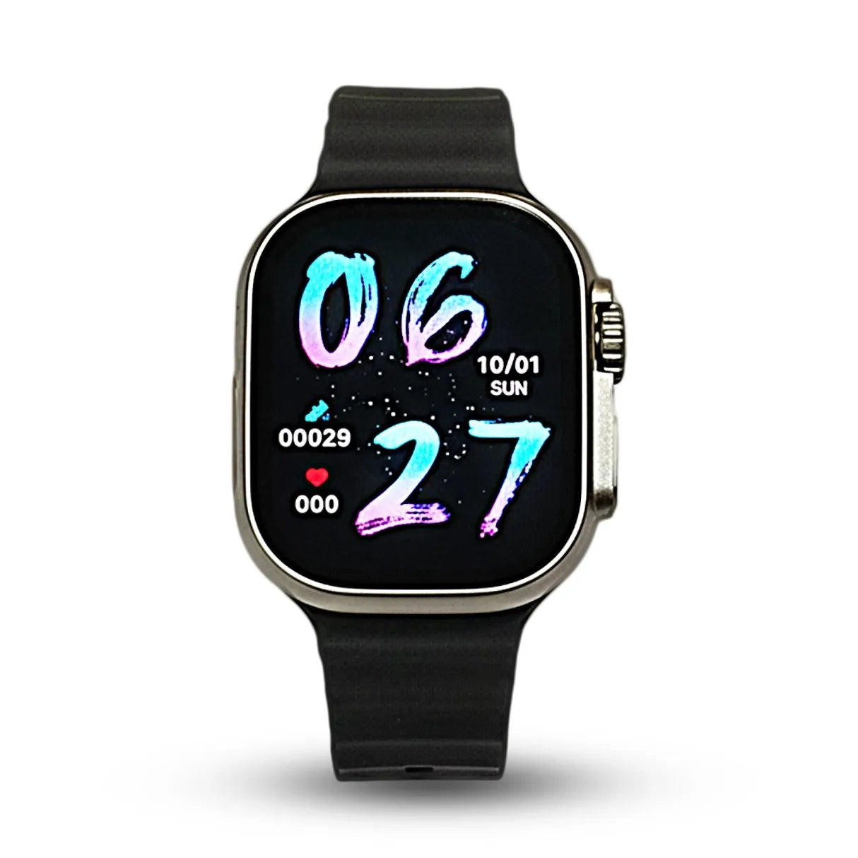 T92 Smartwatch with a black band on a white background