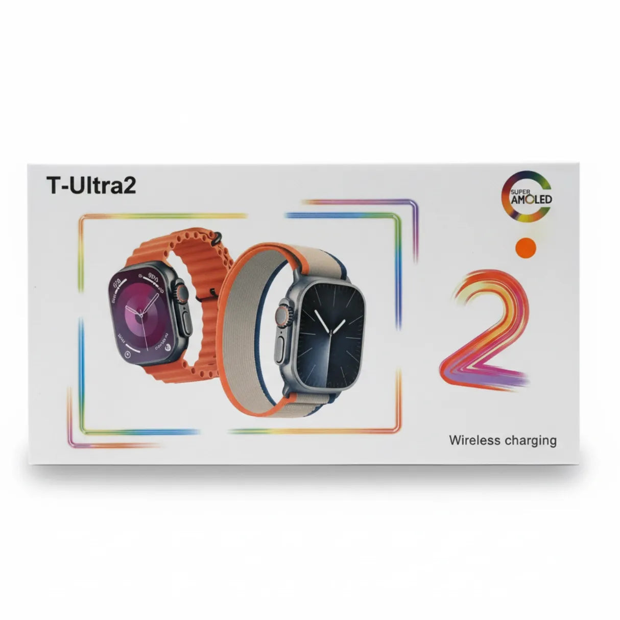 Box for T-Ultra2 smartwatch with two models on a white background