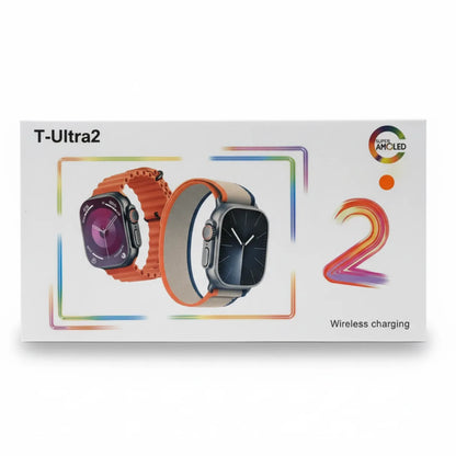 Box for T-Ultra2 smartwatch with two models on a white background