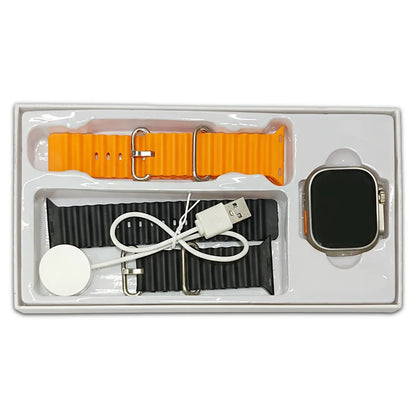 T ultra 2 Smartwatch with accessories including orange and black bands and  USB  magnet cable, in a clear packaging box.