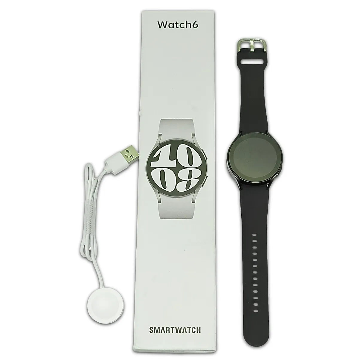 Watch 6 with black band and packaging on a white background