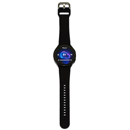 Black smartwatch with a music app display on a white background