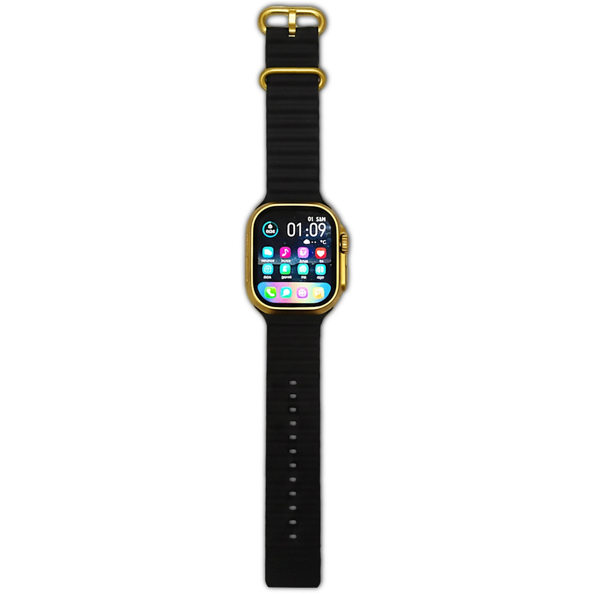 Smartwatch with a black strap and gold case on a white background