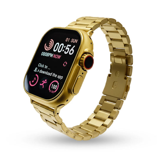 x8 ultra Gold smartwatch with a metal band on a white background