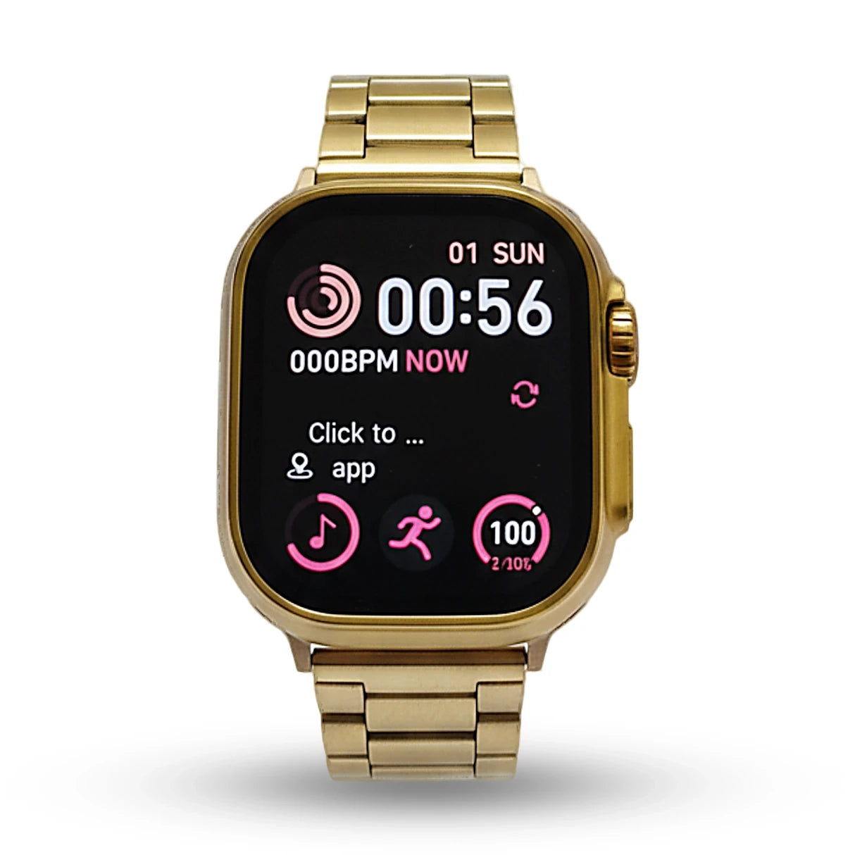 Gold smartwatch with a black screen displaying app icons on a white background