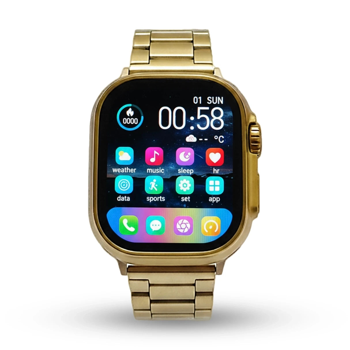 x8 ultra max Gold smartwatch with a colorful display on a white background