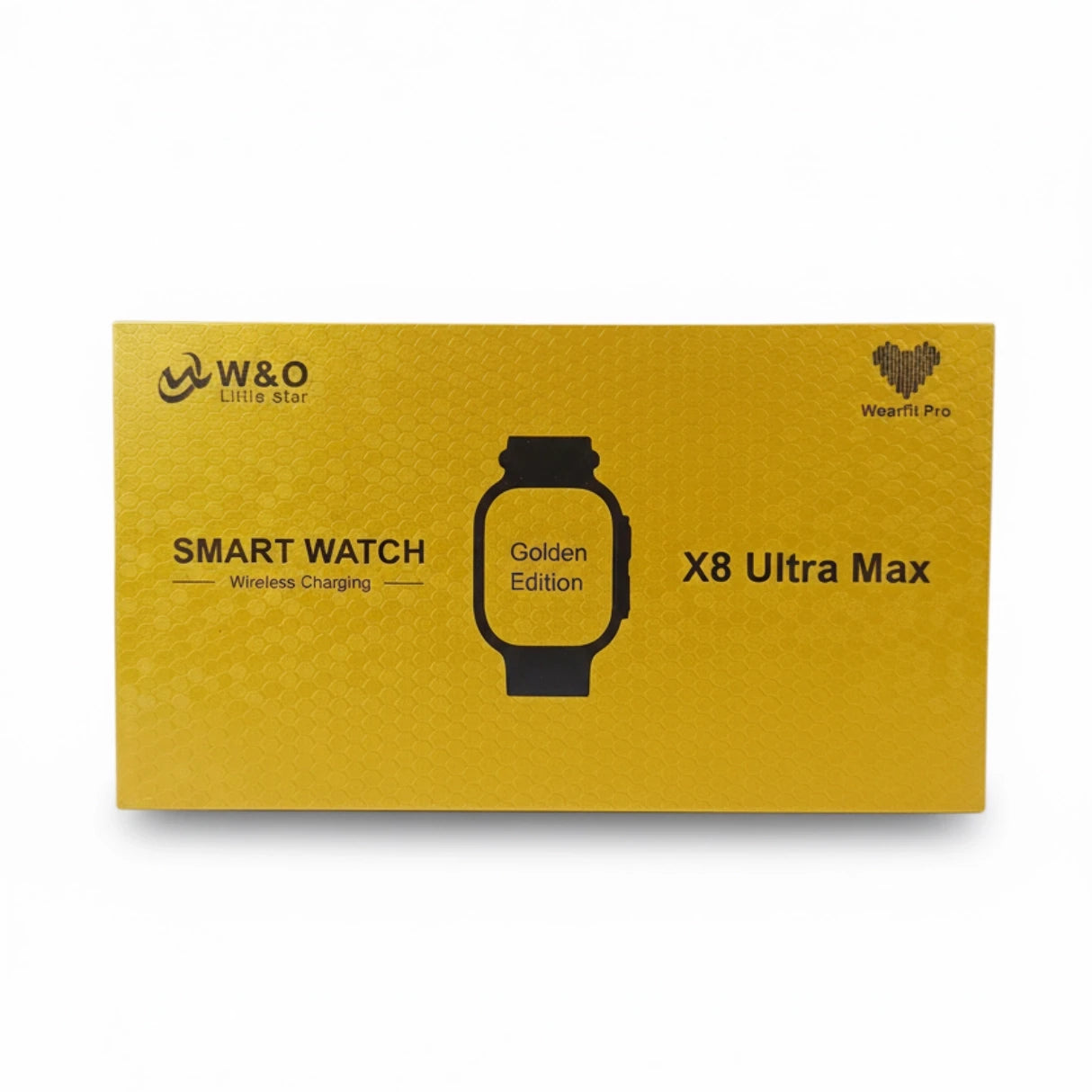 Golden box packaging for W&O Smart Watch X8 Ultra Max on a white background