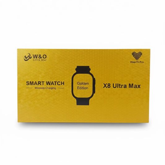 Golden box packaging for W&O Smart Watch X8 Ultra Max on a white background