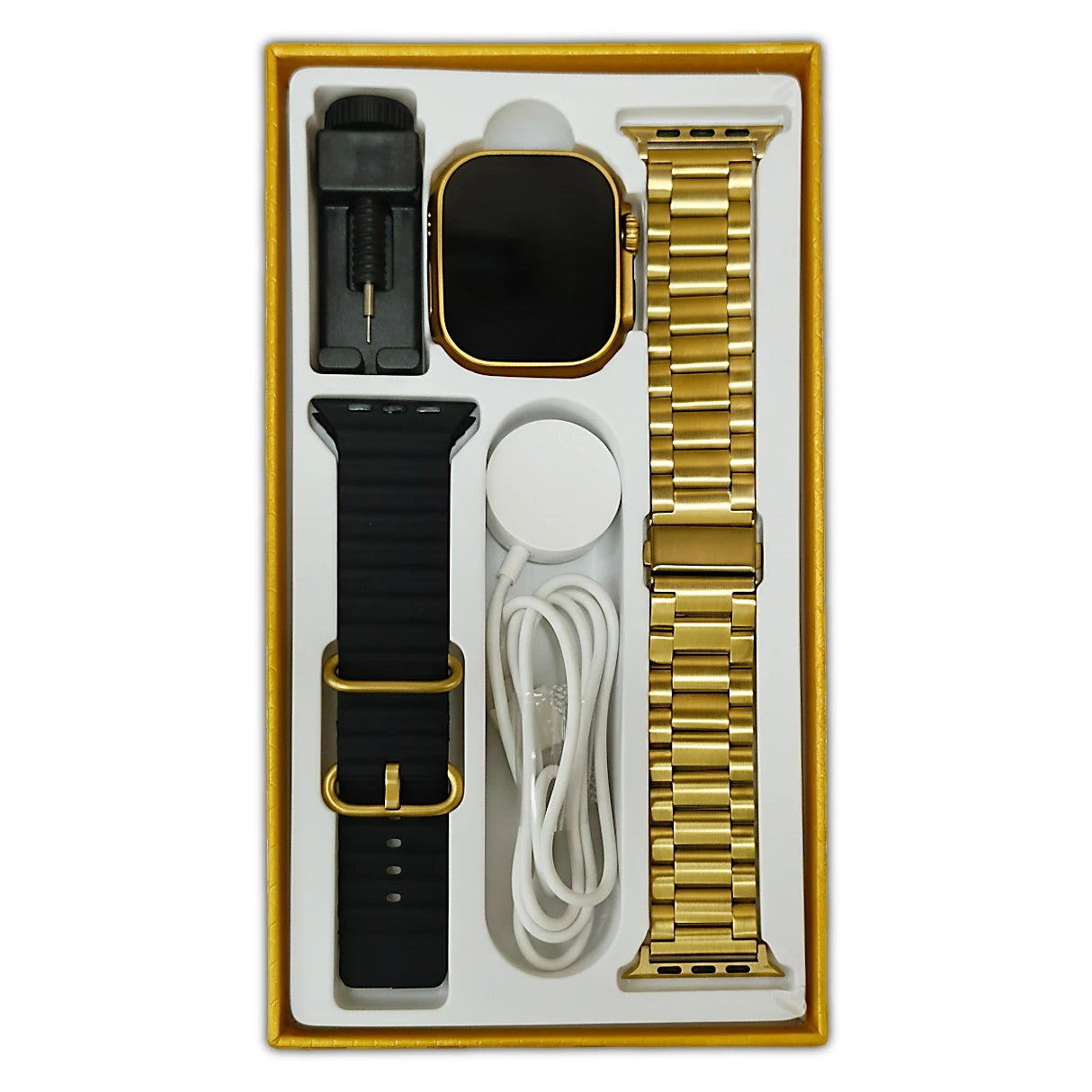 x8 ultra max Smartwatch with gold and black bands and accessories in a box on a white background