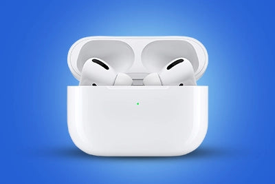 Airpods in a white charging case on a blue background