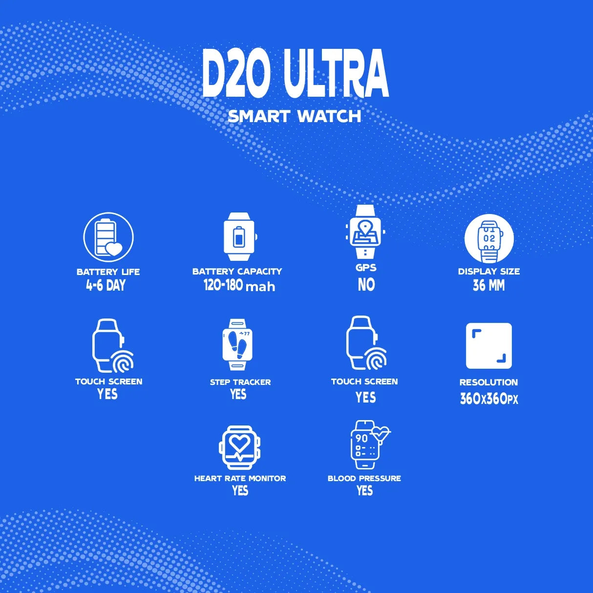 D20 smart watch specifications on a blue background