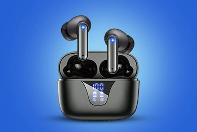 Black wireless earbuds with charging case on a blue background