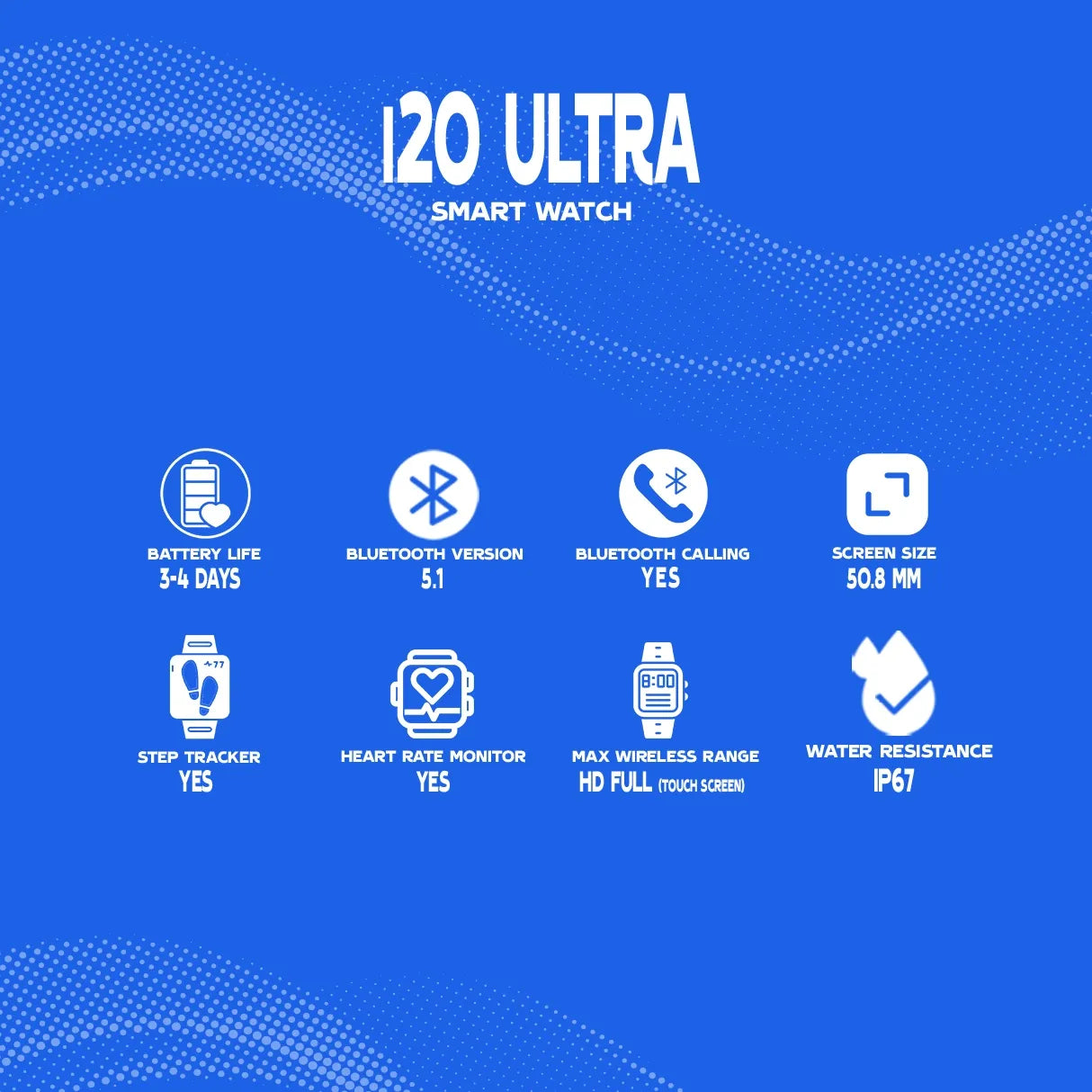 120 Ultra smart watch features on a blue background