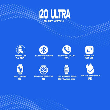 120 Ultra smart watch features on a blue background