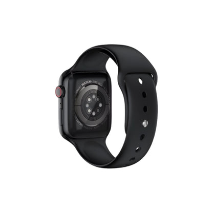 Black smartwatch with a black band on a white background