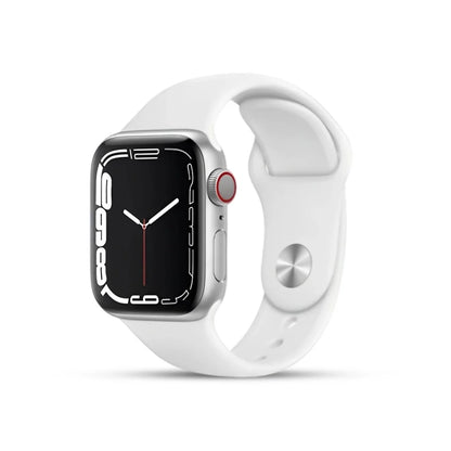 i7 pro Smartwatch with a white band on a white background