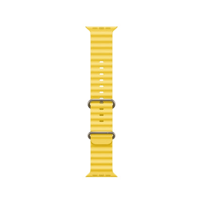 Yellow watch strap with metal buckle on a white background